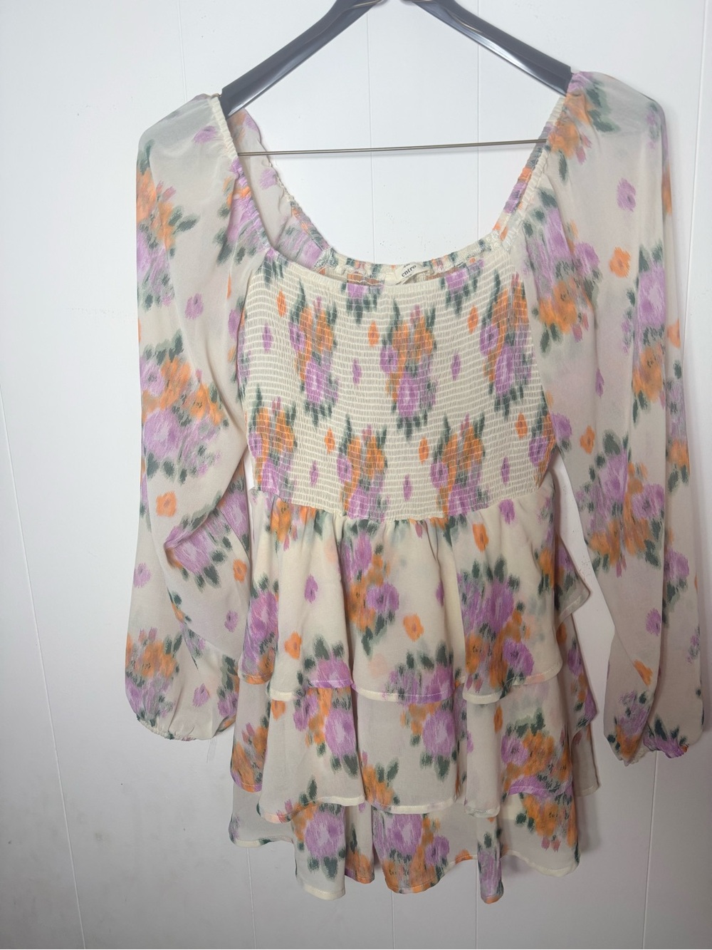 Entro Women’s L Floral Smocked Tiered Mini romper long Sleeve Boho Cottagecore